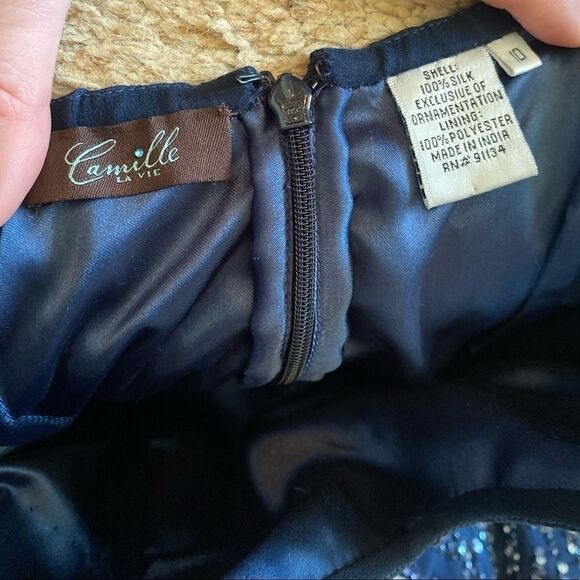 Camille La Vie Silk Navy Blue Sequin Party Dress - Picture 3 of 5